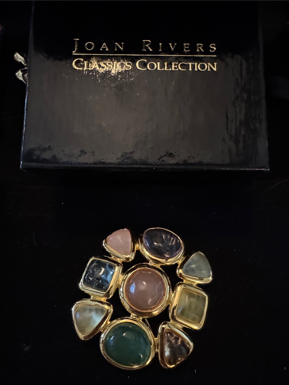 Rare Joan Rivers Gold-Tone Brooch with Multicolor Cabochons